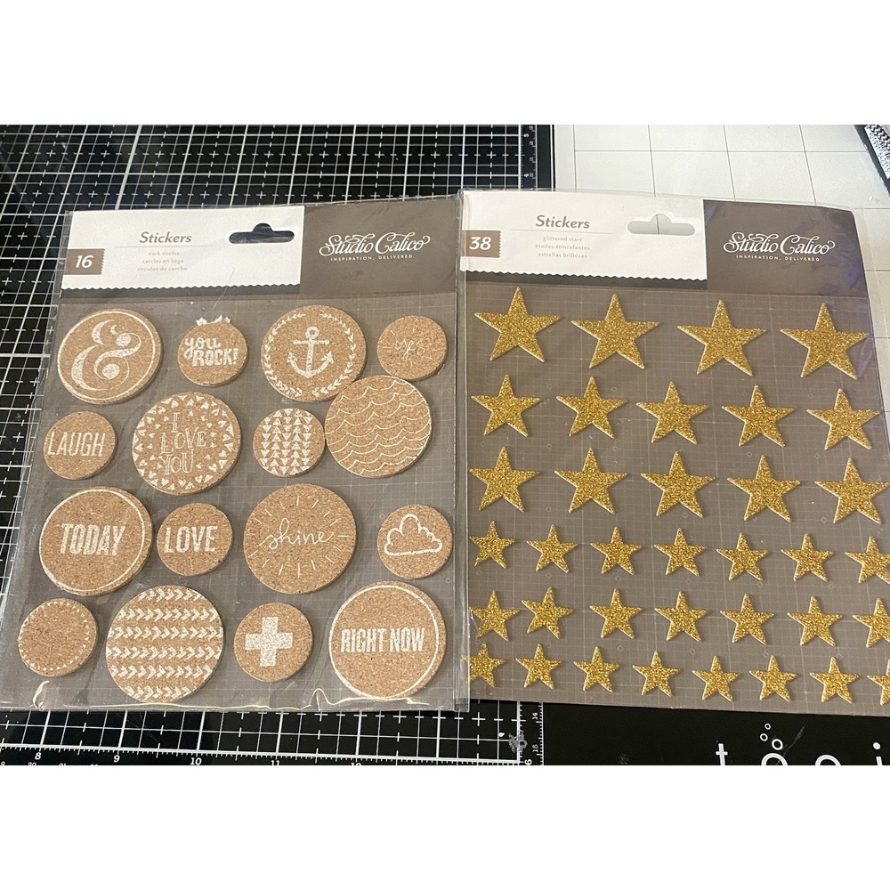 Studio Calico Embellishment Lot Cork Circle Stickers‎ And Glittered Stars Gold